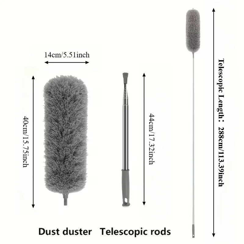 A gray dust duster with a long telescopic rod shown next to its disassembled parts.