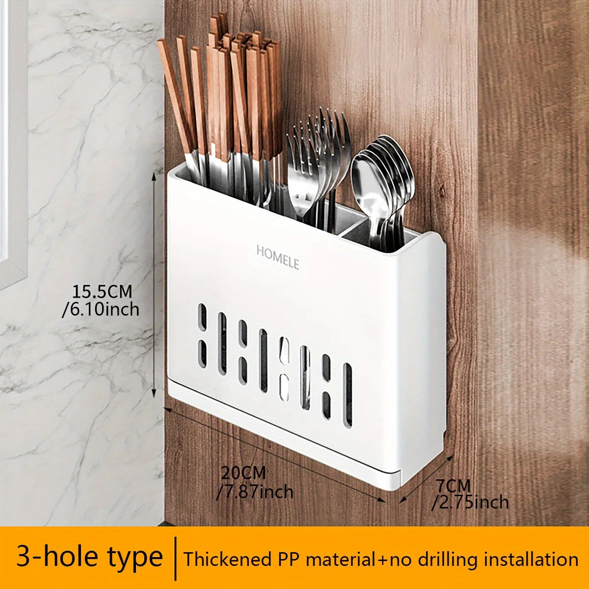 White cutlery storage rack with a 3-hole type design holding various silverware on a wooden surface