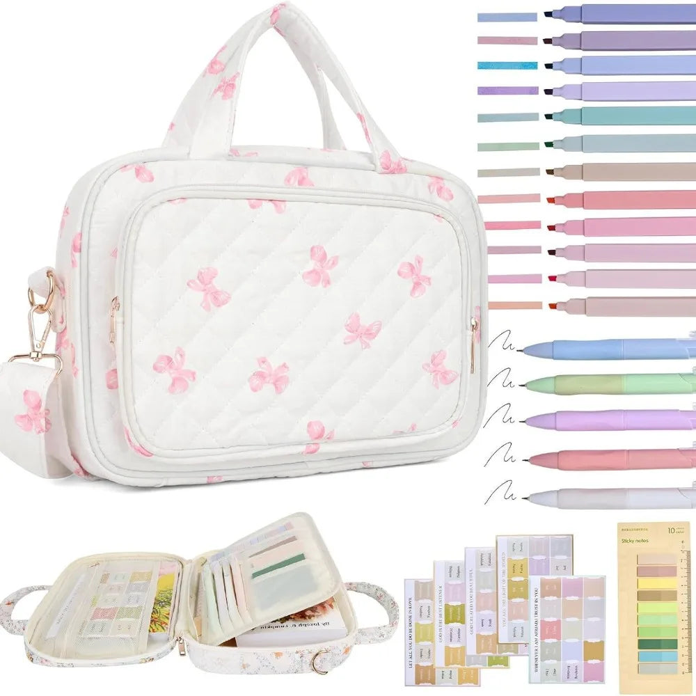 White quilted floral bible cover with a handle and various study accessories