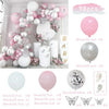 A pink and silver balloon garland featuring heart shapes, various sizes of balloons, and butterfly cutouts.
