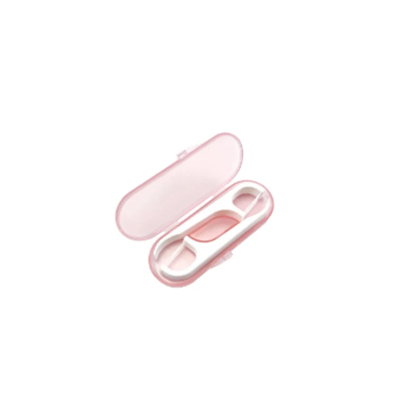 Pinkes tragbares Zahnseide-Aufbewahrungs- und Dosiergerät mit Klappdeckel.