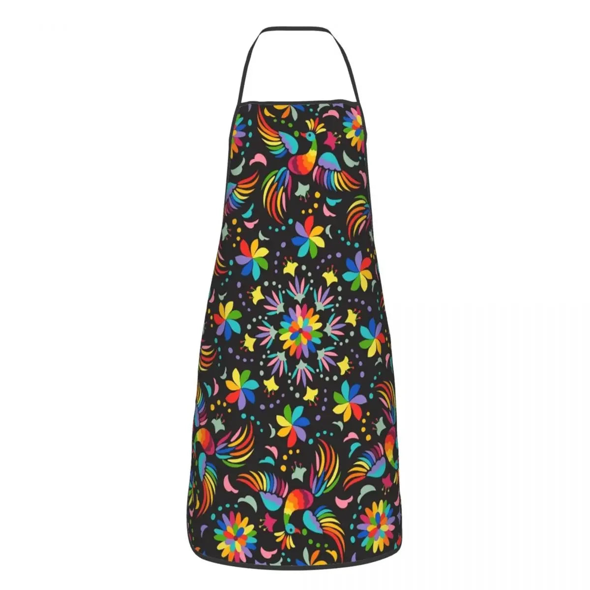 Buntes Blumen-Kunstküchenapron mit schwarzem Hintergrund, leuchtenden Blumen und Blättern.