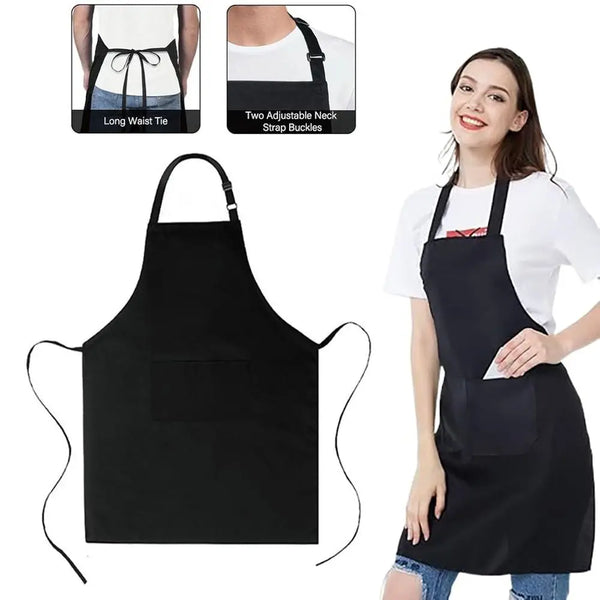 Black water-resistant unisex bib apron with adjustable neck strap buckles shown on a woman.
