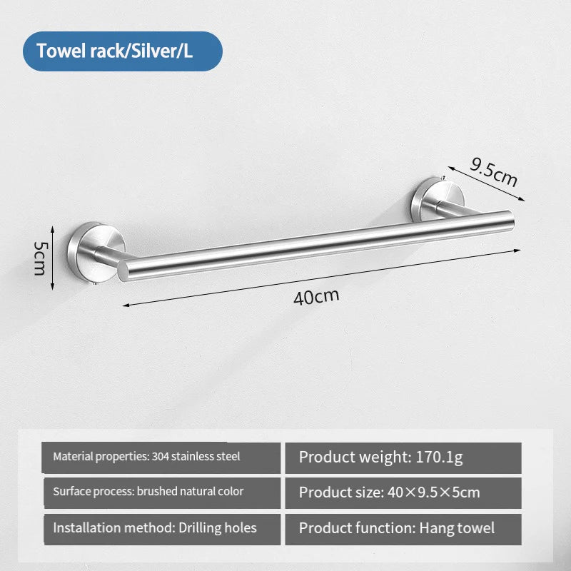 A silver stainless steel towel rack with a 40cm bar and 5cm mounting, designed for hanging towels.