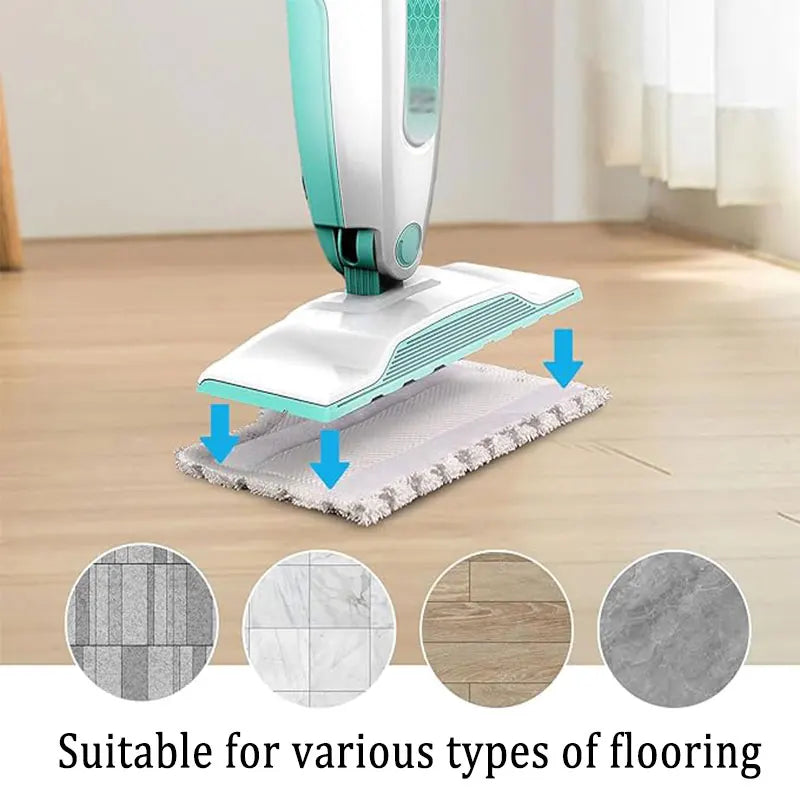 Replacement microfiber pads for a steam mop shown with various flooring types.