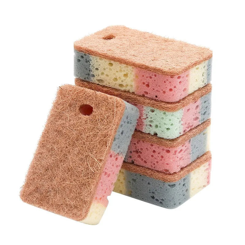 A stack of five eco-friendly double-sided cleaning sponges in various pastel colors like pink, blue, and green.