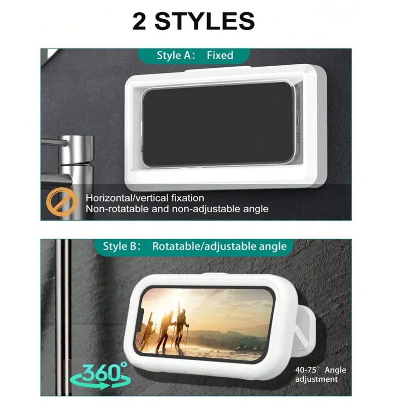 Two styles of a phone holder, one fixed and one rotatable with an adjustable angle.