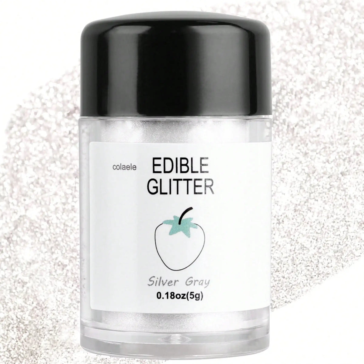 A glass jar of edible glitter powder labeled Silver Gray from Colaele with a black cap.