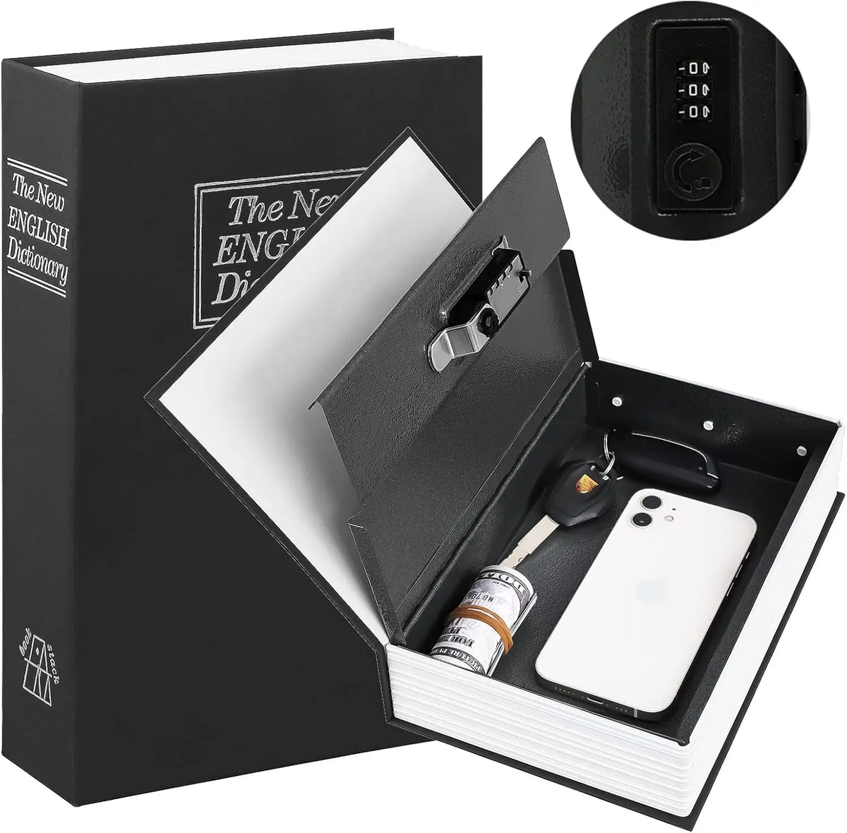 A black storage box with a lid open, revealing a white smartphone and a combination lock.