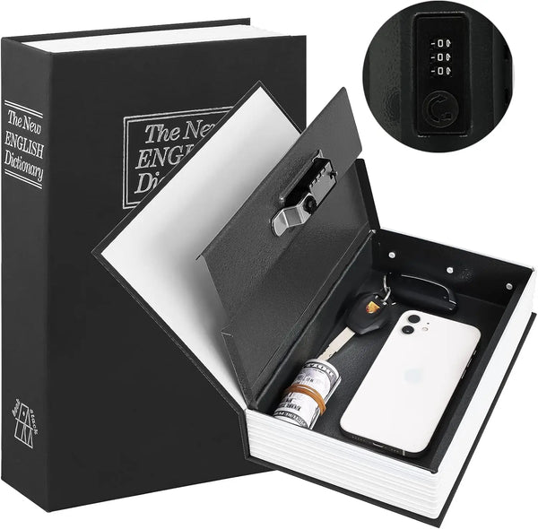 A black storage box with a lid open, revealing a white smartphone and a combination lock.
