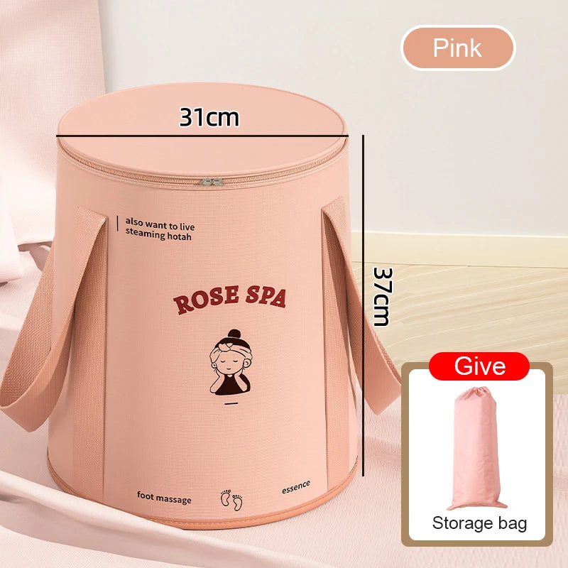 Pink foldable aluminum foot bath bucket with a storage bag shown next to the product.