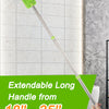 A bright green extendable long handle cleaning brush with a silver shaft is shown against a light tiled background.