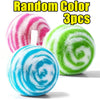 Three fuzzy cleaning balls in pink, green, and blue spiral patterns.