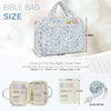 A light blue floral quilted Bible bag with study accessories shown next to size measurements.