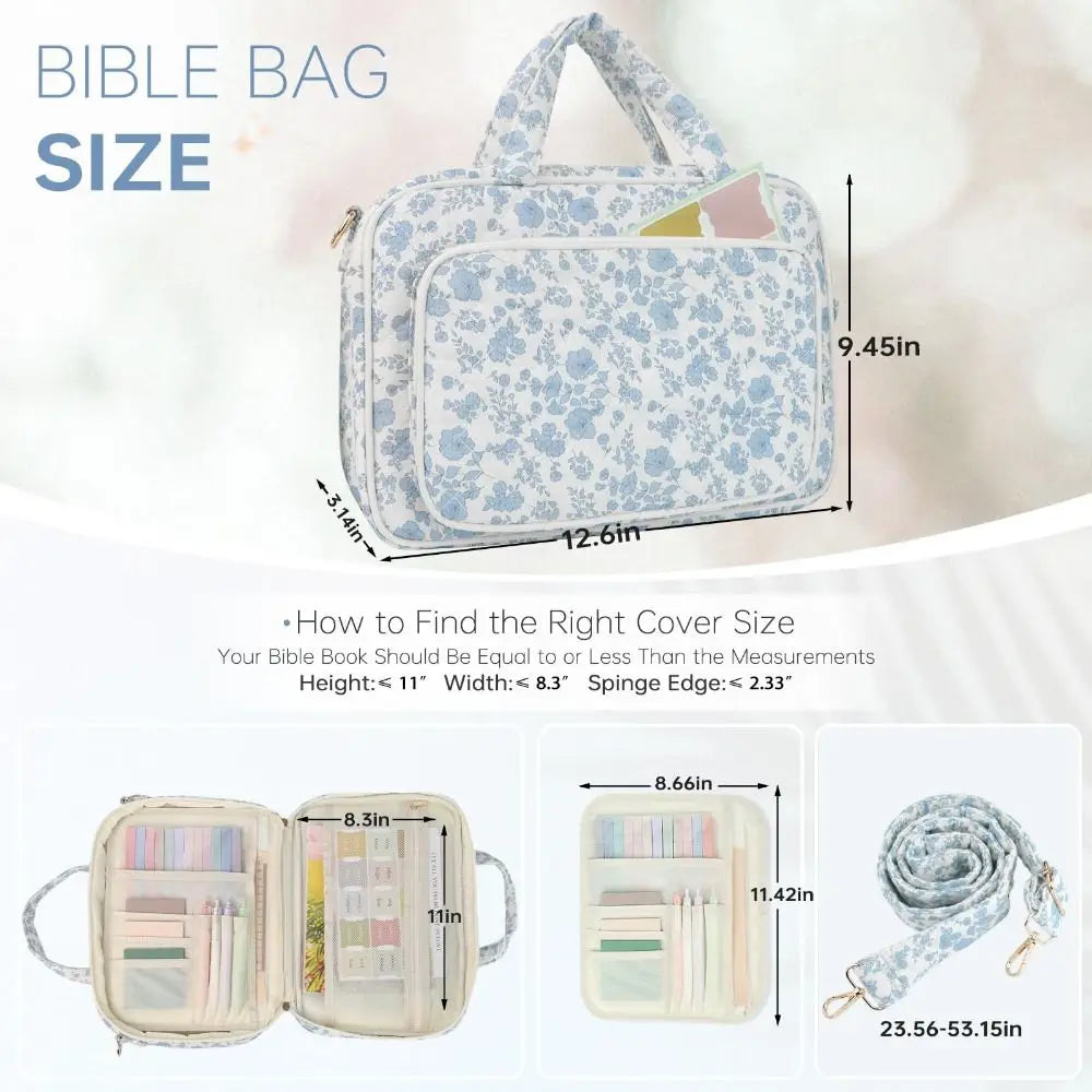 A light blue floral quilted Bible bag with study accessories shown next to size measurements.