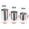 Stainless steel bar measures in 50ml, 35ml, and 25ml sizes with corresponding height markings.