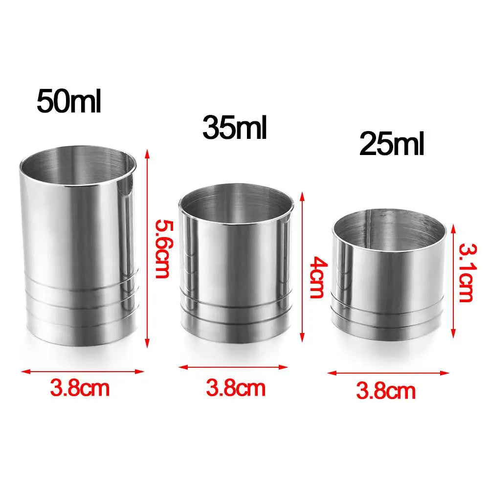 Stainless steel bar measures in 50ml, 35ml, and 25ml sizes with corresponding height markings.