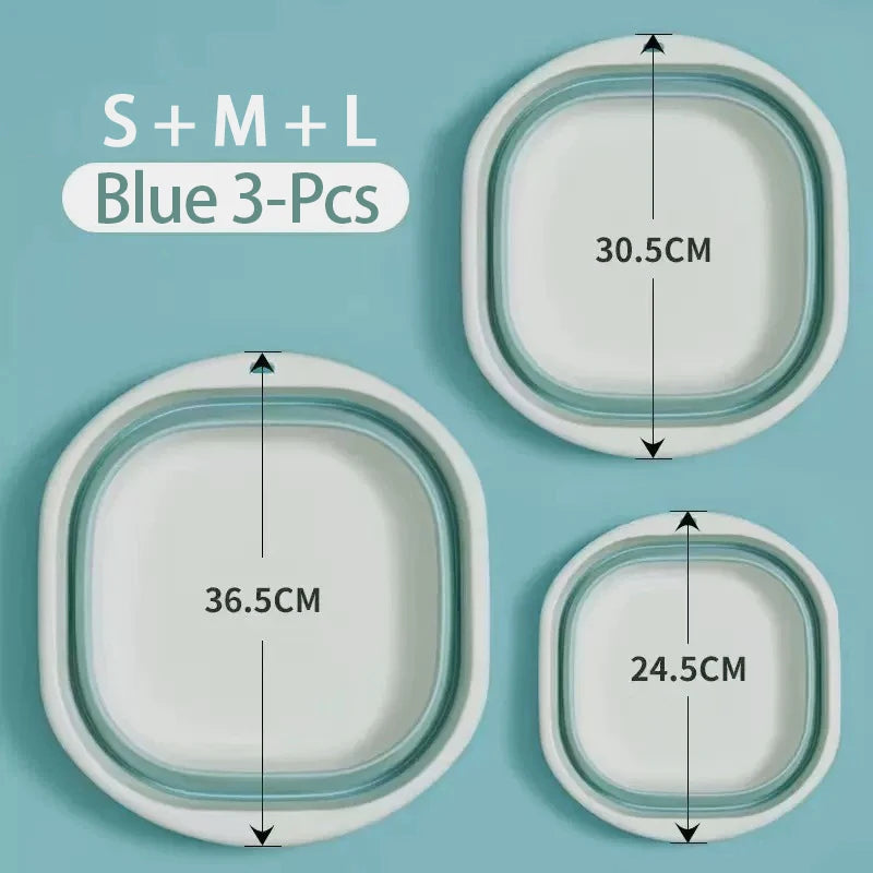 Three sizes of blue plastic wash basins, including small, medium, and large versions.