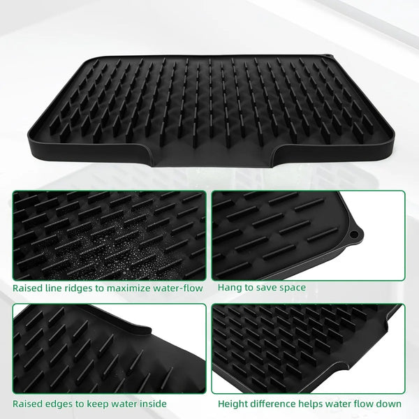 Black silicone drain mat with raised ridges and edges designed to maximize water flow and save space