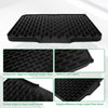 Black silicone drain mat with raised ridges and edges designed to maximize water flow and save space