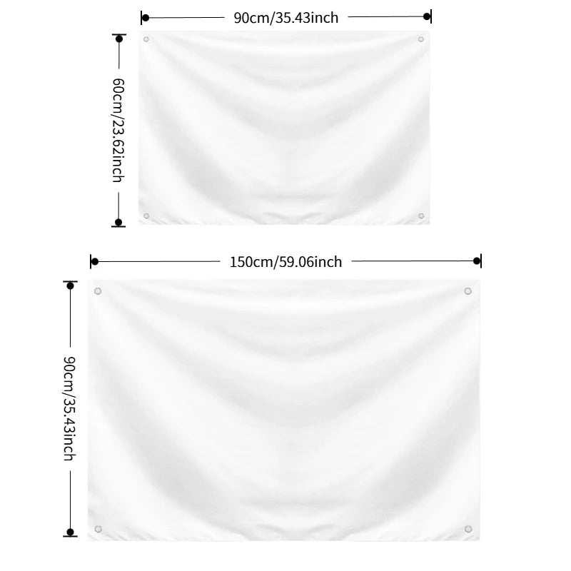 White fabric crib flags measuring 90cm by 60cm and 150cm by 90cm for home decor