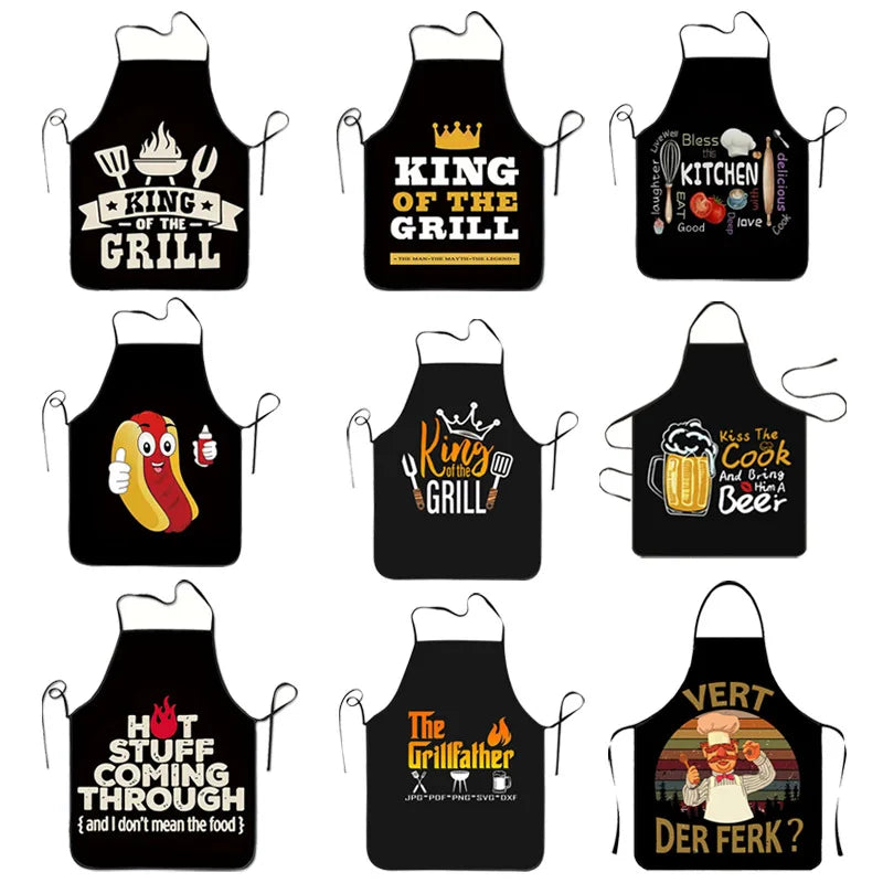 Eine Sammlung lustiger personalisierter BBQ-Öhlchen mit Texten wie König des Grills und Der Grillvater