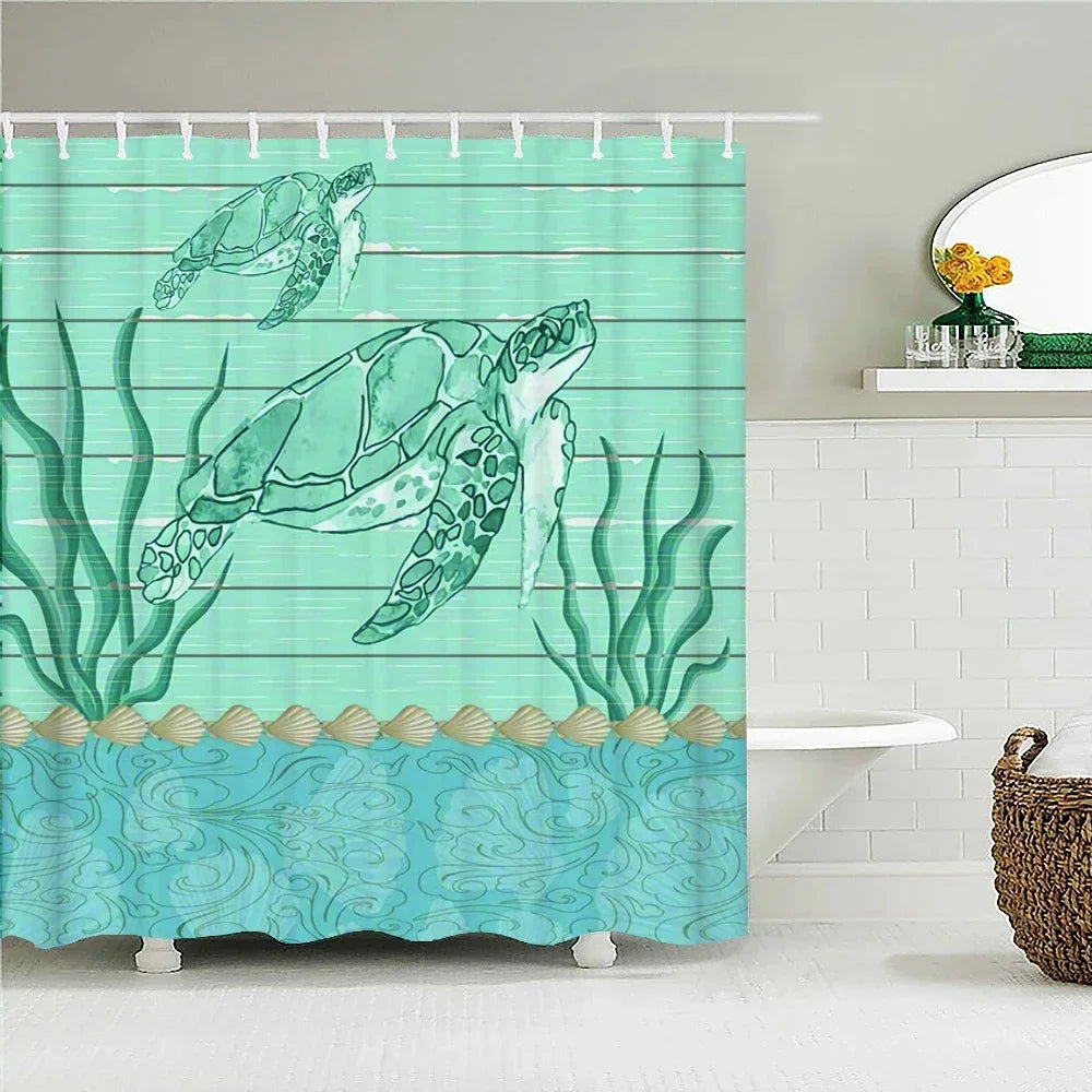 A teal shower curtain featuring illustrations of sea turtles swimming above blue water.