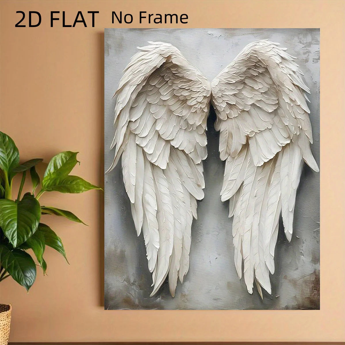 Œuvre d'art murale en toile plate, sans cadre, avec des ailes d'ange blanches réalistes sur fond gris