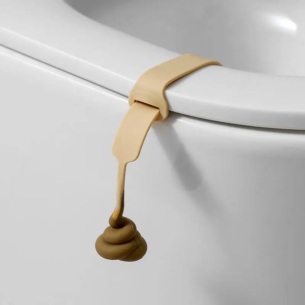 A beige portable toilet lid lifter is shown attached to a white porcelain fixture.