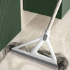 A white silicone window and surface cleaner is shown cleaning a light-colored tile floor next to a dark green cabinet.
