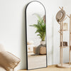 A full body standing wall mirror with an arched top reflects a potted palm plant and interior decor.