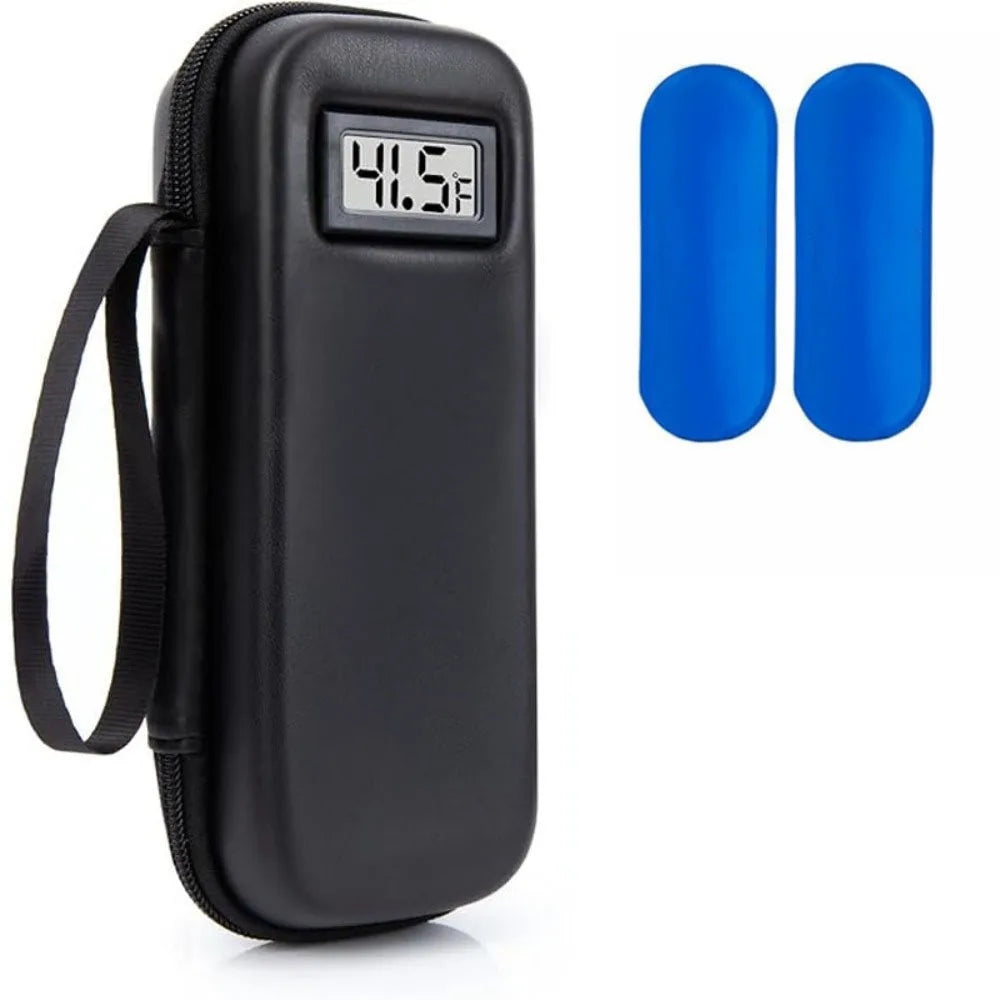 Schwarze Insulin-Kühlbox für Reisen mit digitaler Temperaturanzeige, zeigt 41,5°F