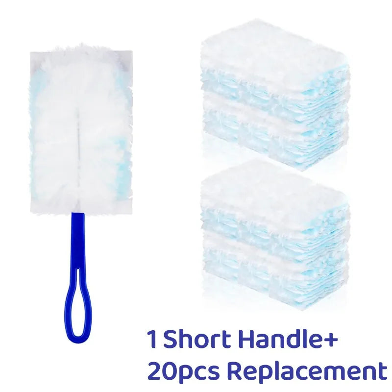 A package showing one short handle electrostatic cleaning duster and twenty replacement duster refills.