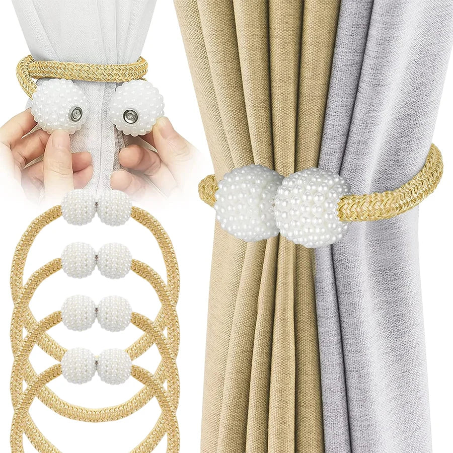 Ensemble de pinces à rideaux magnétiques de perles avec des liens incrustés de perles, tissu or et gris