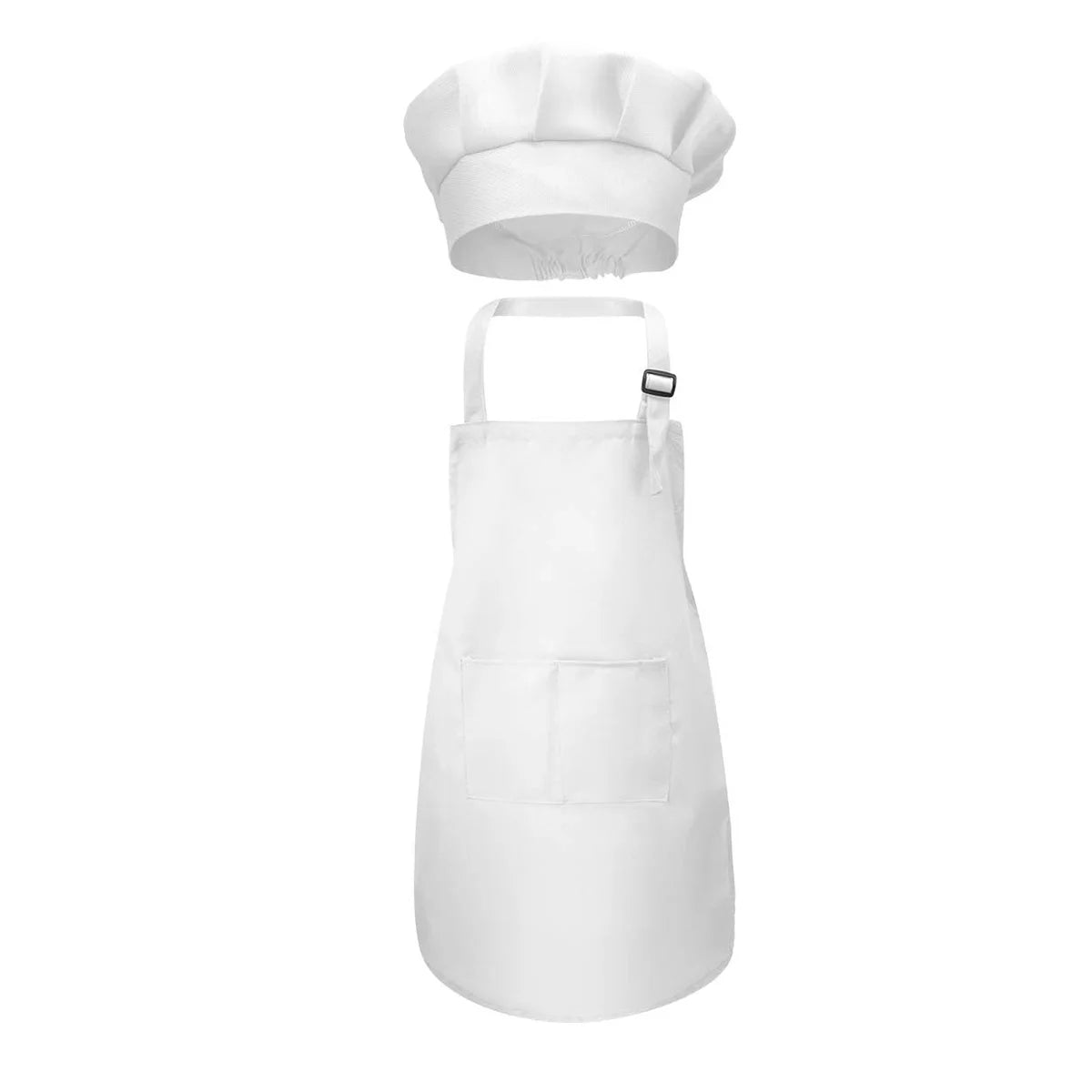 A white kids adjustable apron and chef hat set displayed against a white background.