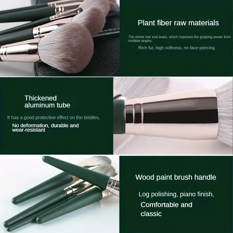 A set of luxury vegan makeup brushes featuring plant fiber raw materials and thickened aluminum tubes.