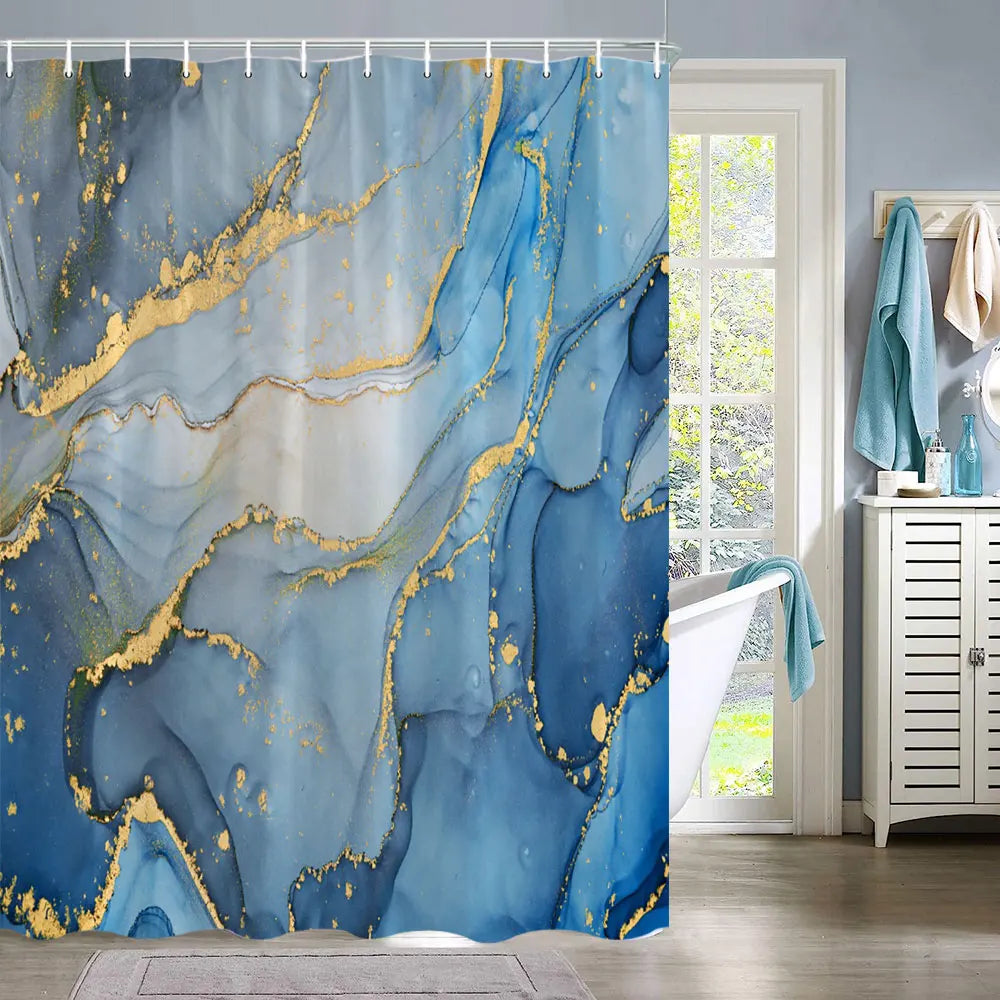 Blue marble abstract fluid texture shower curtain featuring gold veining