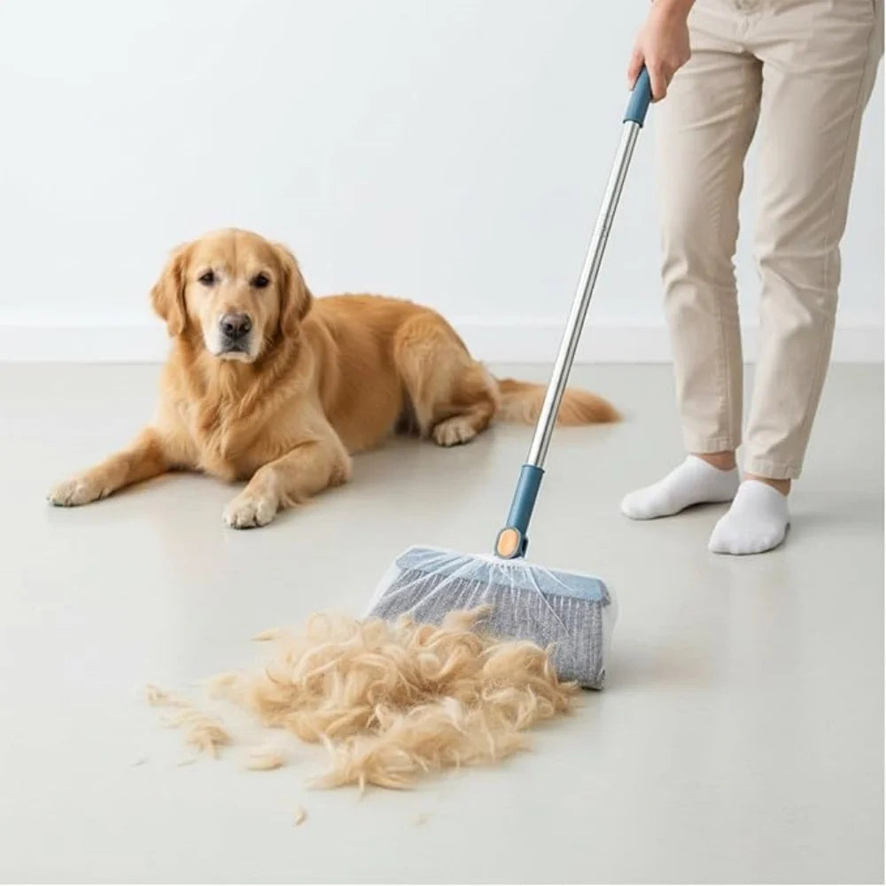 A person is using a long handle broom to sweep loose dog hair across a floor.