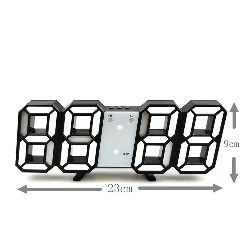 Schwarze digitale Wanduhr mit mehreren LED-Anzeigen und zentraler Anzeige, mit Maßen dargestellt.