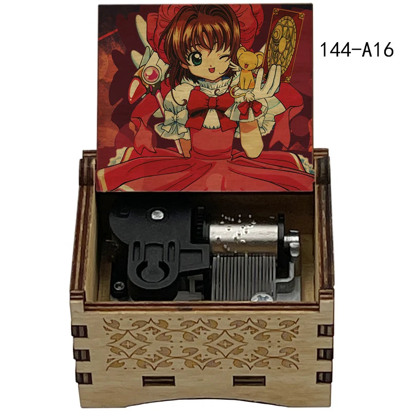 A wooden box containing a musical tone box with a character illustration on the lid.