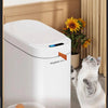 A white Joybos automatic sensor trash can with an adhesion bin is shown next to a cat.