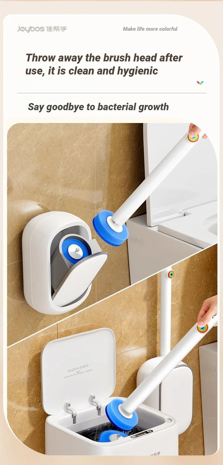 Un set de brosse de toilette jetable fixé au mur blanc en train de nettoyer une cuvette.