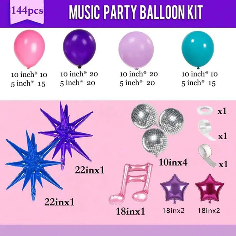 Ein Set von 144 Musikpartyballons in verschiedenen Farben wie Pink, Lila und Türkis, zusammen mit sternförmigen Dekorationen.