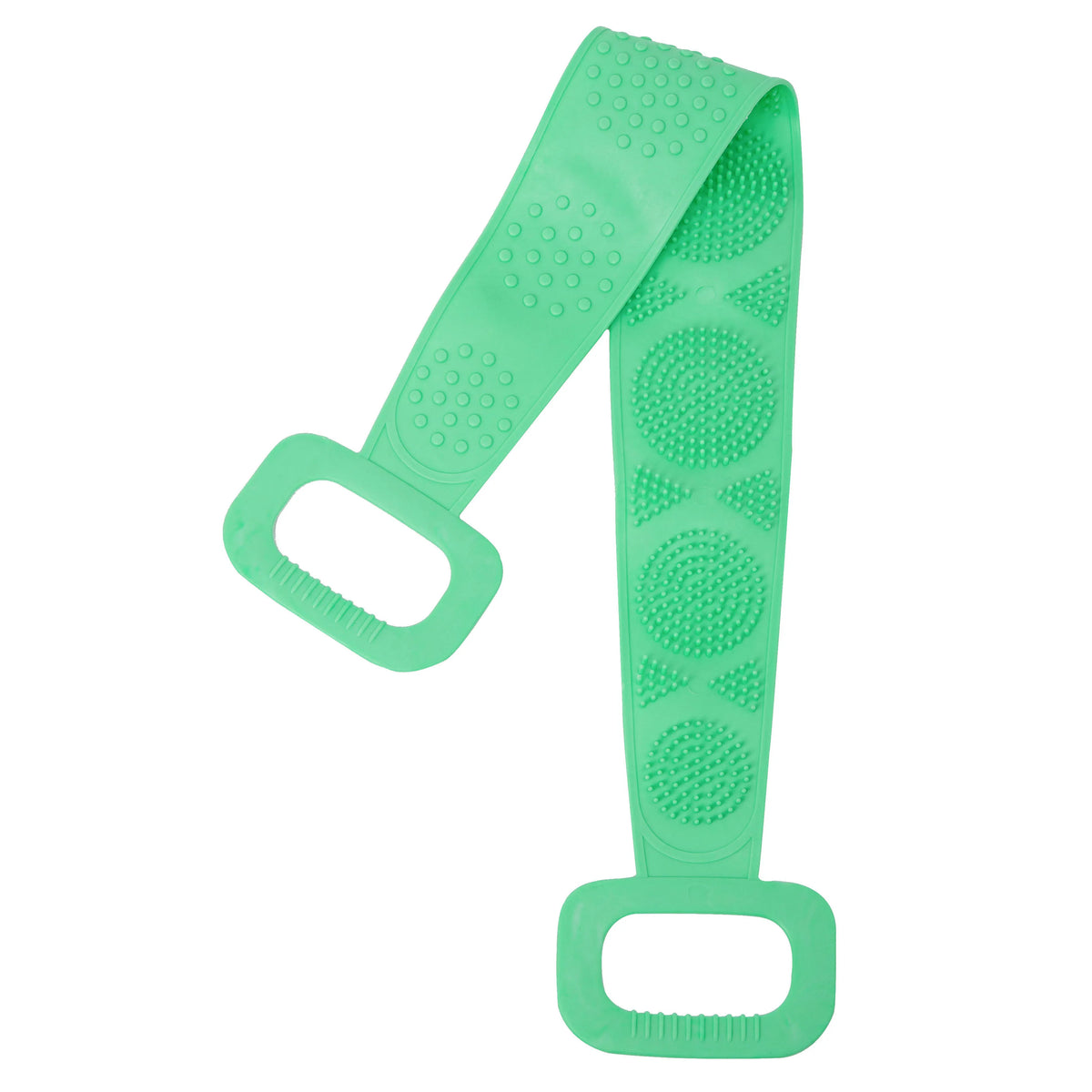 A bright green long-handle silicone body scrubber with a detachable loofah.
