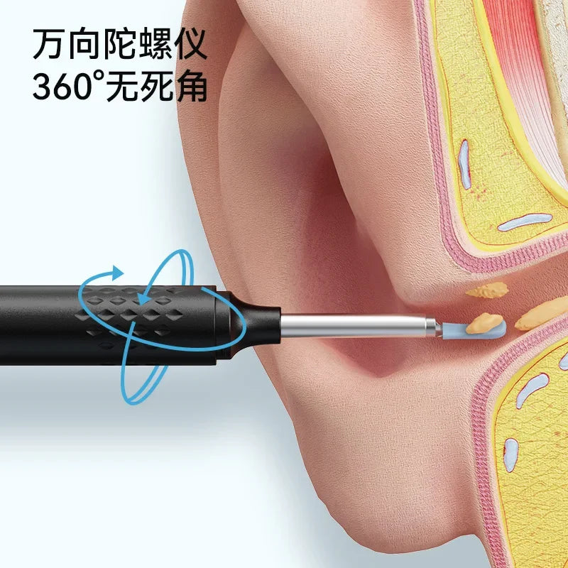 A close-up of a black ear cleaning tool with a silver tip being used to clean the inner ear, shown against a pink skin backgr