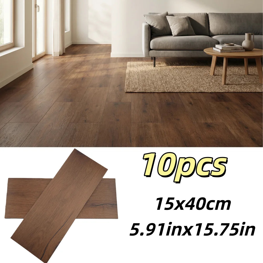 Diez piezas de calcomanías de veta de madera marrón oscura autoadhesivas sobre un suelo de madera.