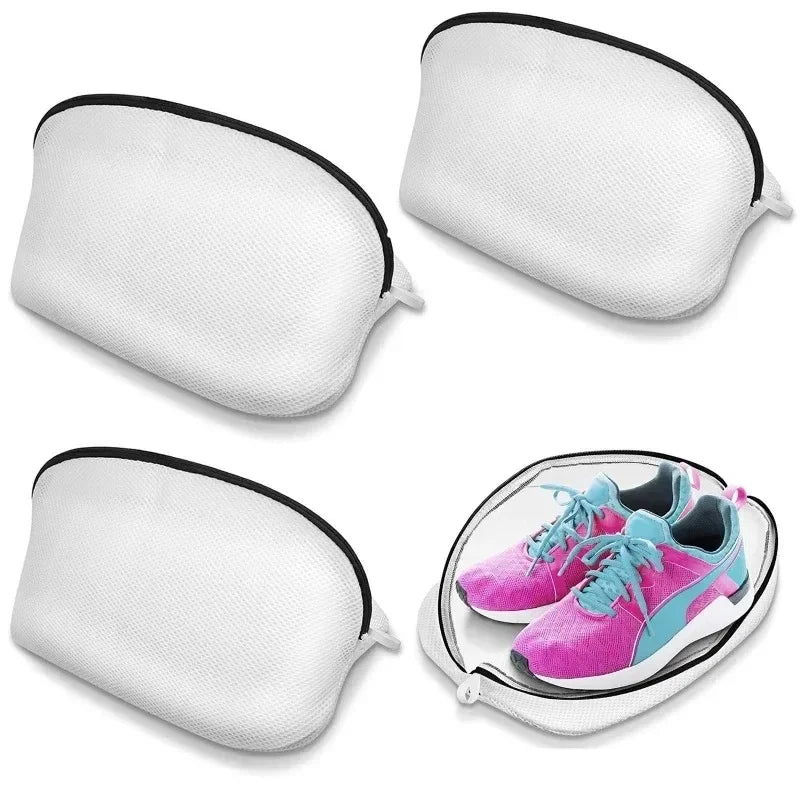 White mesh laundry bag with a zipper for storing shoes and delicates