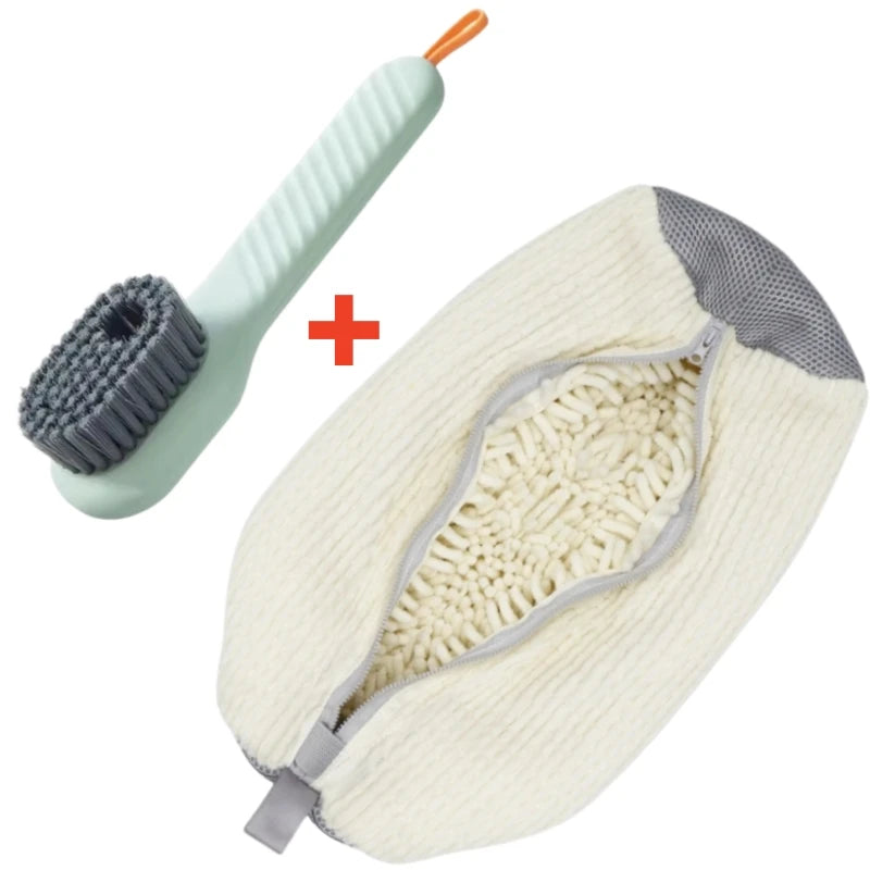 A multi-use shoe cleaning set with a light green brush and a beige storage bag is shown.