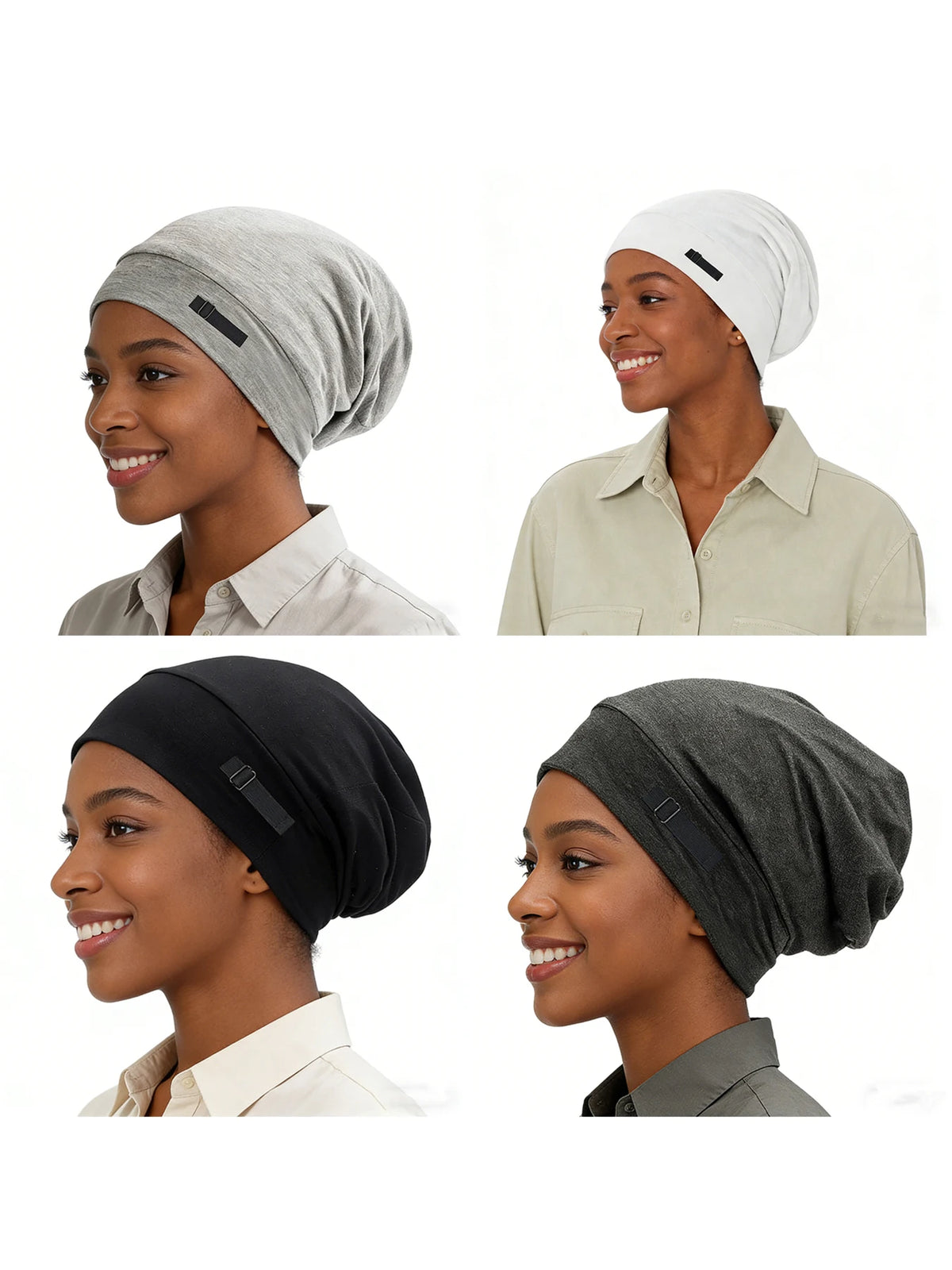 A collection of adjustable silk-lined night caps in gray and black shown on models.