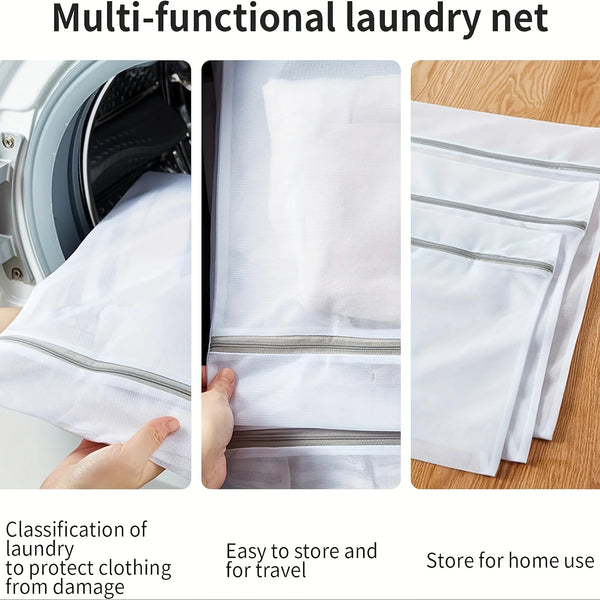 Multi-functional laundry net showing a white garment being placed into the mesh bag for storage or travel.